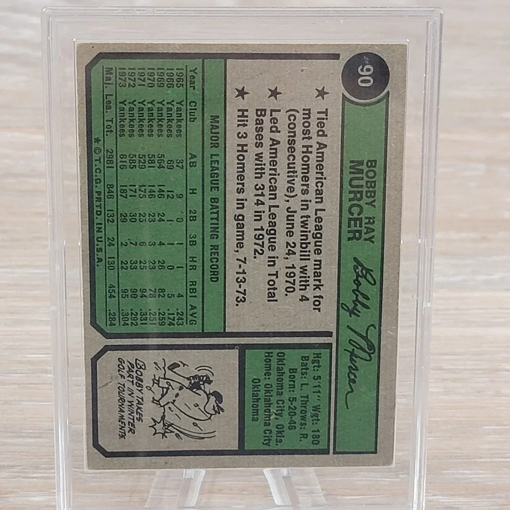 1974 Topps Bobby Murcer 90 New York Yankees Signed Baseball Card Outfield MLB